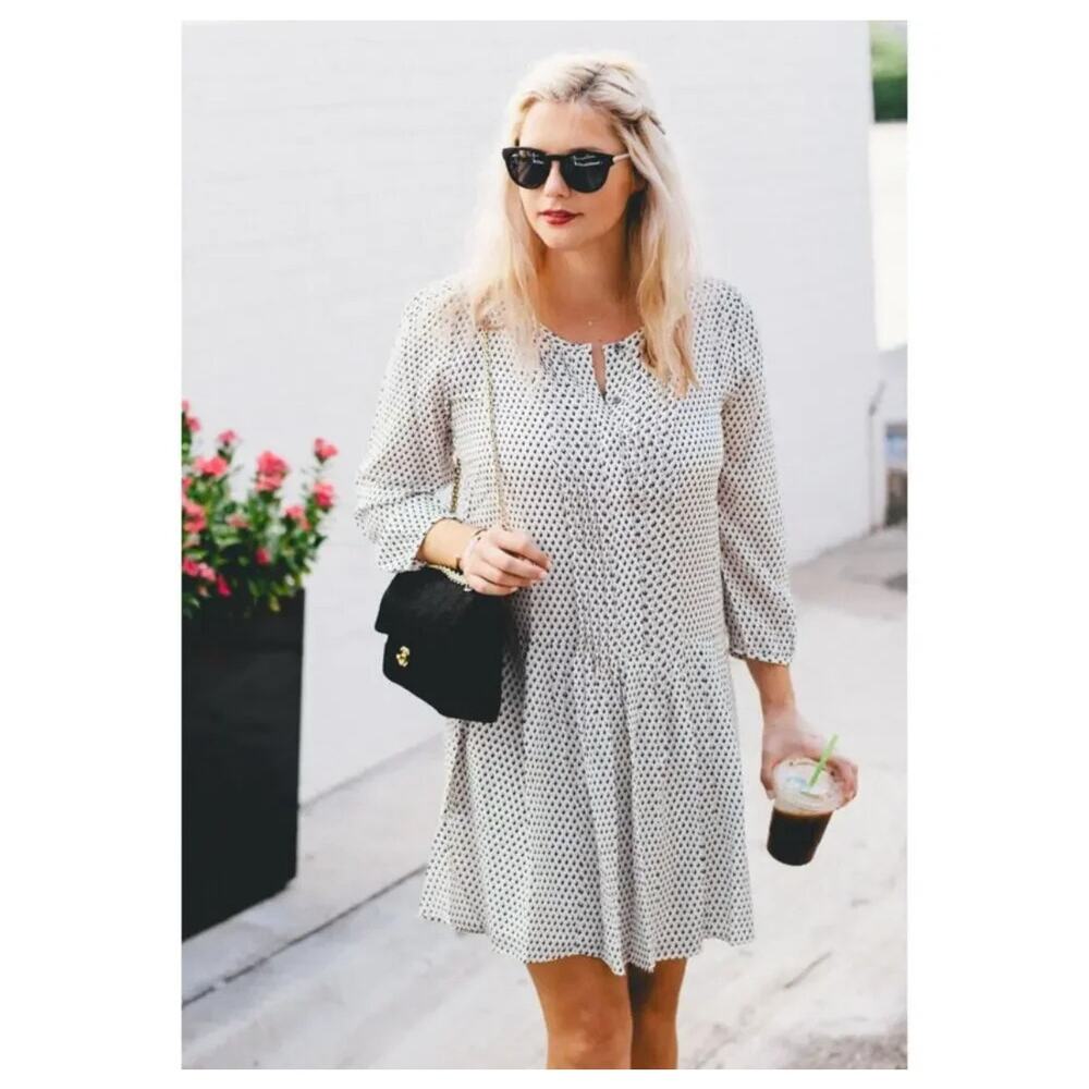 Club Monaco Silk Dress White Black Print Blouson Office Workwear Size 8
